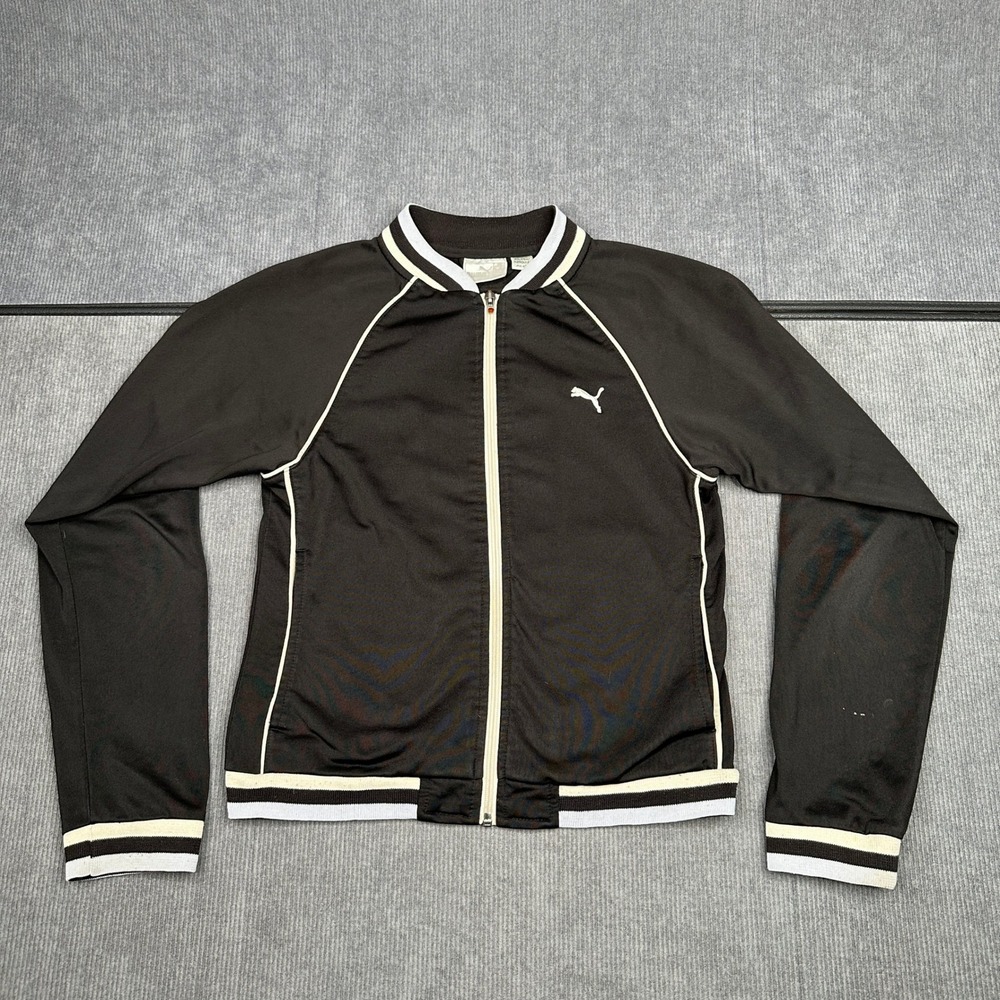 Puma Track Jacket Womens Small Black White Full Zip Piping Striped Trim Y2k